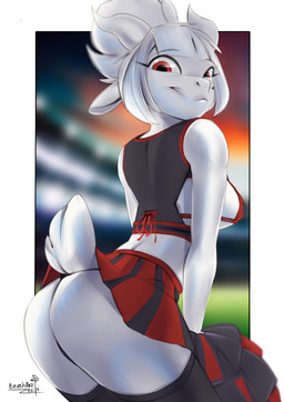 alternative_fashion anthro bra breasts butt cheerleader_outfit clothed clothing crop_top female footwear goth leaning leaning_forward legwear looking_back outside pom_poms scut_tail shirt short_tail side_boob socks solo tail tail_under_skirt tail_upskirt thigh_highs topwear underwear upskirt brushart helltaker goat_lucifer_(helltaker) bovid caprine goat mammal 2021 absurd_res hi_res