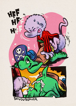 anal anal_penetration anthro backsack balls bayou bodily_fluids butt cum cum_in_ass cum_inside duo genital_fluids genitals grabbing_from_behind male male/male penetration pirate_hat pull_out sweat sweatdrop text tongue tongue_out bayou_beaver pogo churchill_lafemme pogo_possum american_opossum mammal marsupial reptile scalie turtle virginia_opossum absurd_res comic hi_res huge_filesize traditional_media_(artwork)