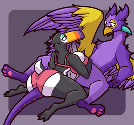 anthro beak big_beak big_breasts big_butt big_penis big_wings black_body black_feathers boxers_(clothing) bra breasts bulge butt clothing clothing_bulge countershade_tail countershade_torso countershading erection erection_under_clothing eye_contact eyeshadow feathers female genitals gold_eyeshadow grey_boxers grey_clothing grey_underwear grinding_on_tail looking_at_another lying makeup male male/female multicolored_body on_back panties pawpads paws penis pink_bra pink_clothing pink_panties pink_pawpads pink_underwear purple_body purple_eyes purple_feathers silver_eyeshadow sitting_on_tail tail teal_eyes teal_eyeshadow tenting thick_thighs titfuck_over_clothes two_tone_body two_tone_tail underwear white_body white_sclera wings yellow_beak yellow_body yellow_feathers ikakins mythology kestrel_(ichlamogeneralhukari) avian bird gryphon mythological_avian mythological_creature toucan absurd_res hi_res