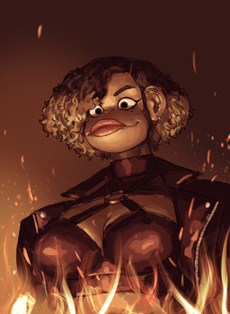 anthro black_hair breasts brown_body brown_fur cleavage clothed clothing crop_top dramatic_lighting ear_piercing ear_ring facial_piercing female fire fur hair highlights_(coloring) jacket leather leather_clothing leather_jacket leather_topwear lips markings midriff mole_(marking) nose_piercing o-ring open_clothing open_jacket open_topwear piercing pupils red_eyes red_pupils ring_piercing shirt short_hair simple_background smile solo thick_lips topwear redustheriotact claire_(redustheriotact) haplorhine mammal monkey primate 2023 absurd_res hi_res