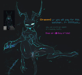 after_orgasm andromorph bodily_fluids cum ejaculation feet genital_fluids genitals horn intersex profanity solo sweat text vaginal_fluids vulva lycanhoepy microsoft minecraft mojang monumenta xbox_game_studios orasomn_(monumenta) enderman horned_humanoid humanoid english_text hi_res