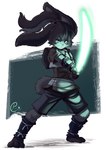 action_pose anthro cheek_tuft clothed clothing eyebrows eyelashes facial_tuft female floppy_ears fur green_lightsaber hair lightsaber long_hair looking_at_viewer melee_weapon ponytail pose scut_tail short_tail solo tail tuft weapon asura-00 star_wars star_wars_visions lop_(star_wars_visions) lagomorph lepi leporid mammal rabbit 2021 hi_res