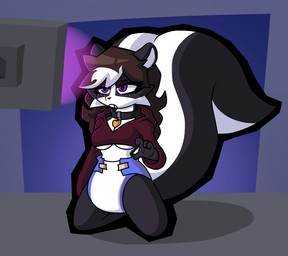 anthro breasts clean_diaper collar diaper female hypnosis kneeling mind_control purple_eyes solo under_boob berriety berrii_(berriety) mammal mephitid skunk hi_res