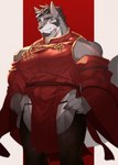 anthro canid canine canis clothing digital_media_(artwork) facial_hair fur hachi_duchi hair hi_res kemono male mammal muscular muscular_anthro muscular_male scar simple_background solo wolf