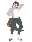 anthro belly blaze_(marking) bottomwear brown_hair clothed clothing denim denim_bottomwear denim_clothing eyewear facial_markings fur grey_body grey_fur hair hand_behind_head head_markings hooves jeans leg_markings male markings pants simple_background socks_(marking) solo sunglasses topless topless_male visible_underwear white_belly maryvic dallas_prairiewind equid equine horse mammal 3:4 hi_res