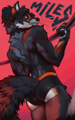 anthro biped butt claws clothed clothed_anthro clothed_male clothing fingers fur hair holding_object looking_at_viewer male rear_view simple_background smile solo standing tail teeth koul canid canine fox mammal 2026 5:8 digital_drawing_(artwork) digital_media_(artwork) hi_res