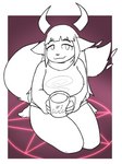 anthro bangs beverage blunt_bangs bottomless clothed clothing container cup female fluffy fluffy_tail hair holding_object horn kneeling long_hair long_tail looking_at_viewer mug occult_symbol paws pentagram simple_background smile solo spiked_tail spikes spikes_(anatomy) steam summoning summoning_circle sweater sweater_only symbol tail text thick_thighs topwear topwear_only potoobrigham lucy_(thisaccountdoesexist) demon felid feline hybrid mammal succubus 2023 digital_drawing_(artwork) digital_media_(artwork) english_text monochrome sketch