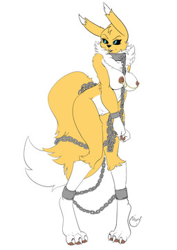 anthro bdsm blue_eyes bondage bound breasts chain chain_leash collar collar_only cuff_(restraint) female fur genitals leash nipple_piercing nipples nude piercing restraints shackles simple_background slave smile solo standing vulva white_background white_body white_fur wide_hips yellow_body yellow_fur third-party_edit yawg felicity_longis_(colorist) bandai_namco digimon canid digimon_(species) mammal renamon color_edit colored hi_res