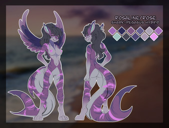 anthro big_breasts big_tail breasts feathered_wings feathers female genitals navel nipples non-mammal_breasts non-mammal_hair non-mammal_navel non-mammal_nipples non-mammal_vulva nude standing tail vulva wings conrie aquatic fish hybrid shark absurd_res hi_res model_sheet