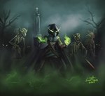 anthro armor arrow_(weapon) blood blood_on_face bodily_fluids bone book bow_(weapon) cloak clothing fog glowing glowing_eyes green_eyes hood magic melee_weapon outside ranged_weapon skeleton sword teeth weapon lordflawn avian bird corvid corvus_(genus) crow oscine passerine undead zombie 2024 hi_res