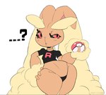 anthro big_ears black_sclera blonde_hair brown_body clothed clothing female fluffy_ears hair partially_clothed pokeball red_eyes simple_background solo team_rocket_uniform thick_thighs underwear amailemon nintendo pokemon team_rocket grunt_(pokemon) rocket_grunt generation_4_pokemon lagomorph lopunny mammal pokemon_(species) hi_res