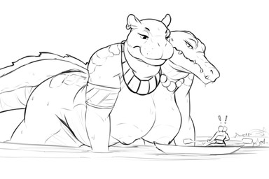 2_heads accessory anthro armband belly big_breasts breasts clothing conjoined conjoined_twins crocodile_tail duo ear_piercing egyptian egyptian_clothing female female/female jewelry macro multi_head necklace nipples piercing river seductive size_difference slightly_chubby usekh wet wammy204 crocodilian hippopotamid mammal reptile scalie 3:2 absurd_res hi_res monochrome