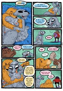 6_nipples after_sex anthro blue_eyes bottomwear clothing collar collar_only duo female fur grey_body grey_fur male male/female multi_nipple nipples nude nude_anthro nude_female nude_male rolled_up_newspaper shorts sleeping transformation yellow_body yellow_fur bonk bubbalossom canid canine human mammal comic hi_res