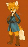 anthro asian_clothing black_nose blue_eyes claws clothing digitigrade east_asian_clothing fluffy fluffy_tail fur japanese_clothing kemono kimono looking_at_viewer male multicolored_body multicolored_fur orange_background orange_body orange_fur pointy_ears simple_background solo standing tail toe_claws two_tone_body two_tone_fur young young_anthro young_male sue36v canid canine fox mammal hi_res