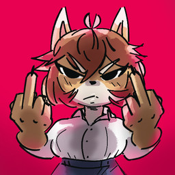anthro brown_hair claws clothing countershading dipstick_ears double_middle_finger ear_markings female gesture hair hand_gesture middle_finger multicolored_ears pink_background reverent_ranger school_uniform simple_background solo uniform bully_fox canid canine fox mammal 1:1