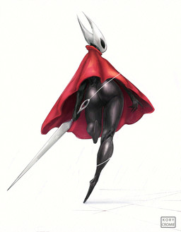 2_horns biped black_body black_eyes butt cloak clothing female holding_melee_weapon holding_object holding_weapon horn looking_back melee_weapon on_one_leg pose red_cloak red_clothing simple_background solo standing text thread weapon white_background kory_cromie hollow_knight_(franchise) team_cherry hornet_(hollow_knight) arthropod humanoid 2025 adversarial_noise artist_name english_text hi_res