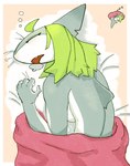 5_fingers anthro bedding big_breasts blanket bodily_fluids breasts cat_pepper curled_up digital_media_(artwork) drooling eyelashes eyes_closed female fingers fish frown green_hair grey_body grey_skin hair hi_res long_hair marine multicolored_body non-mammal_breasts nude open_mouth roji_(cat_pepper) saliva shark side_boob sleeping snaggle_tooth solo teeth two_tone_body white_body white_skin