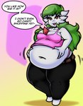 belly big_belly bottomwear clothing crop_top dialogue female green_hair hair jiggling looking_at_viewer obese obese_female obese_humanoid overweight overweight_female overweight_humanoid pants red_eyes shirt simple_background slightly_chubby slightly_chubby_female solo speech_bubble text topwear drokmars nintendo pokemon gardevoir generation_3_pokemon humanoid pokemon_(species) absurd_res english_text hi_res