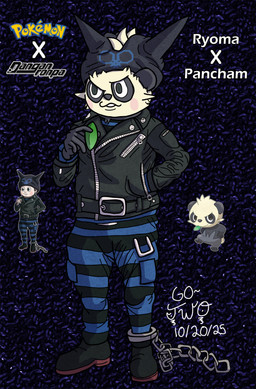 anthro black_clothing black_eyes black_footwear black_shoes blush bottomwear clothing dwarfism footwear fur hair hand_in_pocket hat headgear headwear holding_object jacket leather leather_clothing leather_jacket leather_topwear leg_cuff male pattern_bottomwear pattern_clothing pockets prison_uniform shoes solo spiky_hair striped_bottomwear striped_clothing stripes text topwear white_body white_fur go-two danganronpa danganronpa_v3 nintendo pokemon spike_chunsoft ryoma_hoshi bear generation_6_pokemon giant_panda mammal pancham pokemon_(species) absurd_res english_text hi_res reference_image
