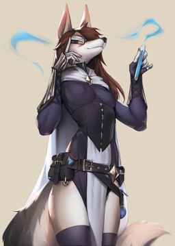 anthro beak black_beak black_clothing black_nose black_topwear brown_eyes brown_hair clothed clothing eyewear female front_view glasses hair laboratory_equipment laboratory_glassware mouth_closed rectangular_glasses scientific_instrument simple_background solo standing test_tube topwear white_body white_hair shermugi canid mammal 2022 hi_res portrait three-quarter_portrait