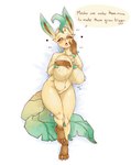 anthro big_breasts blush bodily_fluids breasts featureless_breasts female heart_symbol looking_at_viewer master nude solo text cladz nintendo pokemon eeveelution generation_4_pokemon leafeon mammal pokemon_(species) absurd_res english_text hi_res