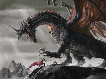ambiguous_gender black_body black_scales blonde_hair bodily_fluids cape claws clothing cloud countershade_torso countershading day digitigrade duo feral finger_claws fog hair holding_melee_weapon holding_object holding_shield holding_sword holding_weapon knight larger_feral light light_beam long_hair long_neck looking_at_another melee_weapon membrane_(anatomy) membranous_wings mountain nose_spike open_mouth outside quadruped saliva saliva_string scales scar sharp_teeth shield size_difference smaller_human sunbeam sunlight sword teeth toe_claws tongue tongue_out warrior weapon webbed_hands wing_claws wings emkun european_mythology mythology dragon human mammal mythological_creature mythological_scalie scalie western_dragon shaded signature