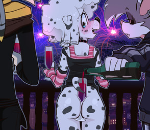 alcohol anthro armwear balcony beverage blush butt champagne_glass clothing collar container cup drinking_glass elbow_gloves femboy fingerless_gloves fireworks floppy_ears fur glass glass_container glass_cup gloves grey_body grey_fur group handwear holidays male male/male object_between_buttocks pattern_armwear pattern_clothing pattern_elbow_gloves pattern_gloves pattern_handwear rear_view shirt striped_armwear striped_clothing striped_elbow_gloves striped_gloves striped_handwear stripes tank_top topwear trio wine canaryprimary new_year maverick_(nami955) oriole_(canaryprimary) canid canine canis dalmatian domestic_cat domestic_dog felid feline felis mammal 2026 andromorph_(lore) trans_(lore) trans_man_(lore)