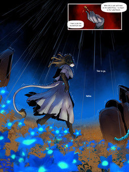 anthro blonde_hair cemetery clothing dialogue female fur gloves gold_(metal) green_eyes hair handwear missing_finger multicolored_body multicolored_fur night rags raining solo text two_tone_body two_tone_fur tyunre nafisa_vharr_antrelys arthropod bovid caprine insect mammal 3:4 english_text hi_res trans_(lore) trans_woman_(lore)