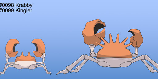 ambiguous_gender blue_background butt claws duo gradient_background logo orange_body rear_view simple_background text pichu90 nintendo pokemon arthropod crustacean generation_1_pokemon kingler krabby pokemon_(species) artist_logo english_text hi_res