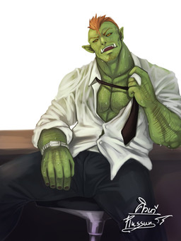 bodily_fluids bottomwear clock clothed clothing green_body green_skin hair male necktie not_furry orange_hair pants partially_clothed shirt simple_background sitting solo sweat topwear tusks watch white_background wristwatch plussun humanoid orc 2014 3:4 hi_res