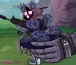 anthro arm_tuft armored_boots armored_gloves bandage big_butt bottom_heavy butt convenient_censorship crouching disembodied_hand empty_eyes eye_scar eyelashes facial_scar female fur grass gun hip_tuft holding_gun holding_object holding_ranged_weapon holding_weapon huge_butt looking_at_viewer looking_back looking_back_at_viewer obscured_face open_mouth plant purple_body purple_fur purple_hood ranged_weapon rear_view scar shoulder_tuft solo thick_thighs tuft weapon white_eyes wide_hips veilzebub epic_games fortnite raven_team_leader bear mammal hi_res