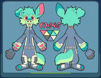 ambiguous_gender anthro blue_body blue_fur clothed clothing fully_clothed fur gloves green_body green_fur handwear pawpads pink_eyes pink_pawpads solo tongue tongue_out scrapteeth project_xero unknown_species absurd_res hi_res model_sheet tagme