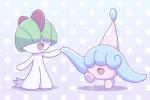 ambiguous_gender black_background blue_hair duo female green_hair hair hair_over_eyes hand_holding open_mouth polka_dots simple_background smile tentacles nintendo pokemon generation_3_pokemon generation_8_pokemon hatenna humanoid pokemon_(species) ralts waddling_head 2019 3:2