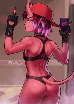 5_fingers amber_eyes athletic athletic_female athletic_humanoid backwards_baseball_cap backwards_hat baseball_cap bathroom black_bra black_clothing black_gloves black_handwear black_nails black_panties black_underwear blush bra breasts butt cellphone choker clothed clothing collar colored_nails electronics eyebrows eyelashes female fingerless_gloves fingers flipping_viewer_off gesture glistening glistening_body glistening_skin gloves hair hand_gesture handwear hat headgear headwear highlights_(coloring) holding_cellphone holding_object holding_phone holding_smartphone horn humanoid_pointy_ears inside jewelry looking_at_viewer looking_back looking_back_at_viewer middle_finger midriff nails necklace not_furry panties phone pink_hair pointy_ears purple_hair red_body red_skin selfie sharp_nails short_hair slim small_breasts small_butt smartphone smile solo standing studded_collar studs tail text thong tomboy towel underwear dirtyero asura_(dirtyero) demon horned_humanoid humanoid artist_name digital_media_(artwork) portrait shaded three-quarter_portrait