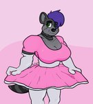 after_transformation anthro big_breasts breasts clothing dress female gender_transformation gloves handwear hyper maid_uniform manly pink_clothing pink_dress smile smiling_at_viewer solo strong_female transformation underbite uniform wide_hips maxfloof max_(maxfloof) hyena mammal cel_shading shaded