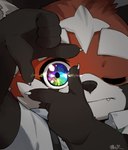 anthro biped black_body black_nose close-up clothing cute_fangs fangs front_view humanoid_hands kemono multicolored_eyes one_eye_closed red_body shirt solo teeth topwear akubimtcat lifewonders tokyo_afterschool_summoners zhurong_(tas) ailurid mammal red_panda 2021 bust_portrait colorful_theme digital_media_(artwork) hi_res portrait