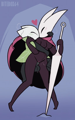 abdominal_bulge anthro anthro_on_anthro anthro_penetrated anthro_penetrating anthro_penetrating_anthro arm_around_shoulders balls big_balls big_penis black_body black_eyes black_nipples blush breasts breath cape clothing dark_body duo erection eyes_closed female female_penetrated from_behind_position genitals green_balls green_body green_cape green_clothing green_penis hand_on_shoulder heads_together heart_symbol holding_object holding_weapon horn hug larger_female larger_penetrated male male/female male_penetrating male_penetrating_female medium_breasts nipples penetration penile penile_penetration penis penis_in_vagina perching_position red_body red_cape red_clothing sex size_difference smaller_male spread_legs spreading standing standing_sex vaginal vaginal_penetration weapon white_horn bitebox64 hollow_knight_(franchise) team_cherry fan_character hornet_(hollow_knight) pad_(fr0gv0re) arthropod humanoid vessel_(species) incest_(lore)