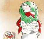 anthro bandage blush conversational_sign duo female holding_object holding_sign humor open_mouth placard purple_eyes red_scarf scarf sign simple_background solo_focus text dorian-bc dogshaming nintendo pokemon becky_(dorian-bc) fan_character jenine_(dorian-bc) avian bird blaziken gardevoir generation_3_pokemon pokemon_(species) english_text meme signature