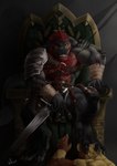 3_toes abs anthro armor biceps black_body black_scales blood blood_from_wound blood_on_sword blood_on_weapon bodily_fluids breechcloth brown_body brown_fur chair chest_tuft claws cut_on_arm cut_on_chest cut_on_leg dark_room deltoids duo eyebrows facial_scales feet foot_on_head fur furniture green_body green_scales hair harness holding_melee_weapon holding_object holding_sword holding_weapon male melee_weapon multicolored_body multicolored_fur multicolored_scales muscular muscular_anthro muscular_male obliques on_chair one_eye_closed open_mouth pauldron pecs red_body red_hair red_scales scale_eyebrows scales sitting sword throne toe_claws toes tuft two_tone_body two_tone_fur weapon wounded wraps wrist_wraps yellow_body yellow_fur yellow_sclera wufrick tagg dinosaur felid feline mammal prehistoric_species reptile scalie theropod tyrannosaurid tyrannosauroid tyrannosaurus tyrannosaurus_rex 2020 dated hi_res signature