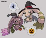 :3 anthro axe beady_eyes brown_body brown_fur cape chibifur clothing costume duo emoji fur halloween_costume hat headgear headwear holidays kemono long_ears male white_body white_fur witch_hat 754_0711 bandai_namco digimon halloween digimon_(species) lopmon terriermon hi_res