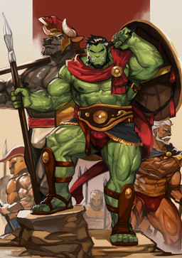 5_fingers anthro armor beard big_muscles black_hair black_nipples bulge clothing duo_focus facial_hair fingers footwear fur green_body green_skin grey_body grey_eyes grey_fur group hair headgear helmet horn humanoid_hands humanoid_pointy_ears looking_at_viewer male melee_weapon military muscular muscular_anthro muscular_humanoid muscular_male nipples pointy_ears polearm sandals scar shield shoes soldier spear underwear warrior weapon white_horn yellow_eyes traver009 bovid bovine cattle human humanoid mammal orc 2021 absurd_res hi_res