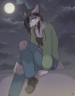 alternative_fashion anthro beanie boots bottomwear breasts cigarette clothing denim denim_bottomwear denim_clothing emo facial_piercing female footwear glistening glistening_eyes hair hat headgear headwear jeans lyra_(kariwolf197) moon night nose_piercing nose_ring pants piercing ring_piercing rooftop shoes smoking smoking_cigarette solo sweater topwear torn_bottomwear torn_clothing torn_jeans torn_pants kariwolf197 canid canine canis mammal wolf cel_shading hi_res shaded