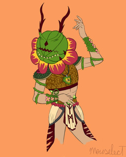 1_eye abs armor belly belt big_horn bottomwear carnivorous_plant clothing flower for_a_head gem green_gem green_heart green_horn green_shoulder_pads hand_on_belt heart_pendant horn jewelry leaf loincloth male markings metal mouth_closed muscular nails necklace orange_background pendant pink_flower plant pose posing_for_picture red_bottomwear red_clothing red_flower red_horn red_loincloth red_shoulder_pads runes sharp_teeth shoulder_pads simple_background solo spikey_vines standing tan_body tan_skin teeth three-quarter_view torn_clothing tribal tribal_clothing tribal_markings underwear vines white_bottomwear white_clothing white_loincloth wooden_armor yellow_flower yellow_heart yellow_shoulder_pads mouselect elemental_creature elemental_humanoid flora_fauna humanoid object_head plant_humanoid digital_drawing_(artwork) digital_media_(artwork) digital_painting_(artwork) hi_res painting_(artwork)