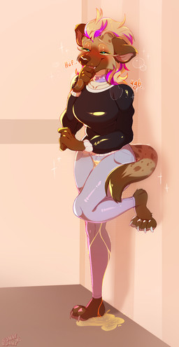 anthro bladder bodily_fluids female full_bladder genital_fluids omorashi organs relieved solo urine watersports wetting sunnybunny37 spotte_(anubix) hyena mammal hi_res