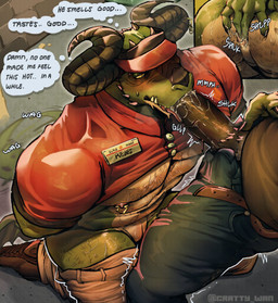 animal_genitalia anthro arm_hair big_muscles big_pecs blush body_hair bottomwear bottomwear_down bulge clothed clothing dialogue duo employee_uniform facial_hair fingering fingering_self first_person_view furgonomic_piercing furgonomics genital_slit genitals green_body green_scales hairy hat headgear headwear horn horn_piercing leg_hair male male/male male_pov manly masturbation muscular muscular_male pants pants_down partially_clothed pecs piercing scales shirt speech_bubble t-shirt tail text topwear undressing unprofessional_behavior visor_cap makota_toh mythology dragon mammal mythological_creature mythological_scalie scalie english_text hi_res