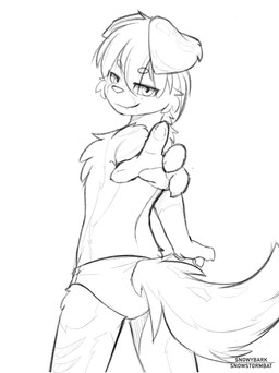 anthro briefs clothing cute_fangs fangs foreshortening kemono looking_at_viewer solo speedo standing swimwear teeth underwear snowybark snowdrift_(snowstormbat) border_collie canid canine canis collie domestic_dog herding_dog mammal pastoral_dog sheepdog absurd_res hi_res monochrome sketch