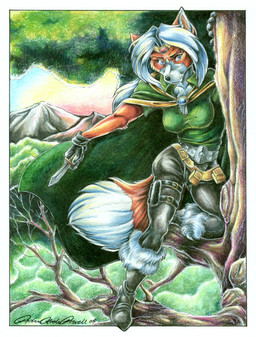 ambush anthro biped cloak clothing dagger detailed_background dipstick_tail female gloves grin hair handwear knife markings melee_weapon nature outside plant pose rogueish sitting sky smile solo tail tail_markings tree weapon white_hair wood cockiestspaniel shadowraine lilliam_colliander canid canine fox mammal green_theme