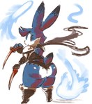 anthro armor atlyss cheek_tuft clothed clothing dipstick_ears facial_tuft female fur head_tuft kiseff lagomorph mammal multicolored_ears purple_body purple_fur simple_background solo source_request tagme tail tuft weapon white_background