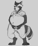 anthro belly belt breath claws clothed clothing dressing fur male markings navel obese overweight overweight_anthro overweight_male ring_(marking) ringed_tail solo standing striped_markings striped_tail stripes struggling tail tail_markings tight_clothing toe_claws riece_ranchoa guardians_of_the_galaxy marvel rocket_raccoon mammal procyonid raccoon greyscale hi_res monochrome