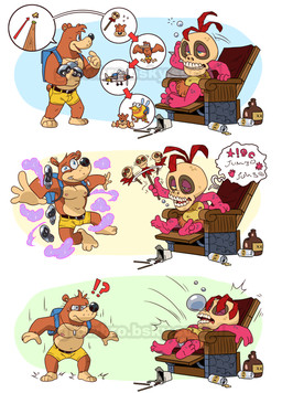 alcohol anthro backpack belly beverage blue_eyes bone bottomwear brown_body brown_fur clothing drunk duo fur magic_user magic_wand male male_humanoid navel nipples pecs shaman shorts skull skull_head slightly_chubby substance_intoxication tribal_spellcaster yellow_bottomwear yellow_clothing yellow_shorts eclipticafusion banjo-kazooie rareware banjo_(banjo-kazooie) mumbo_jumbo_(banjo-kazooie) bear humanoid mammal comic hi_res